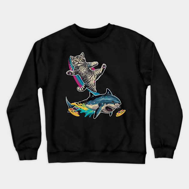 Cat Riding Shark Underwater Adventure Crewneck Sweatshirt by BilodeauBlue